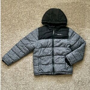 Eddie Bauer I Kids Puffer Winter Hooded‎ Jacket I Quilted Gray Black I Size M